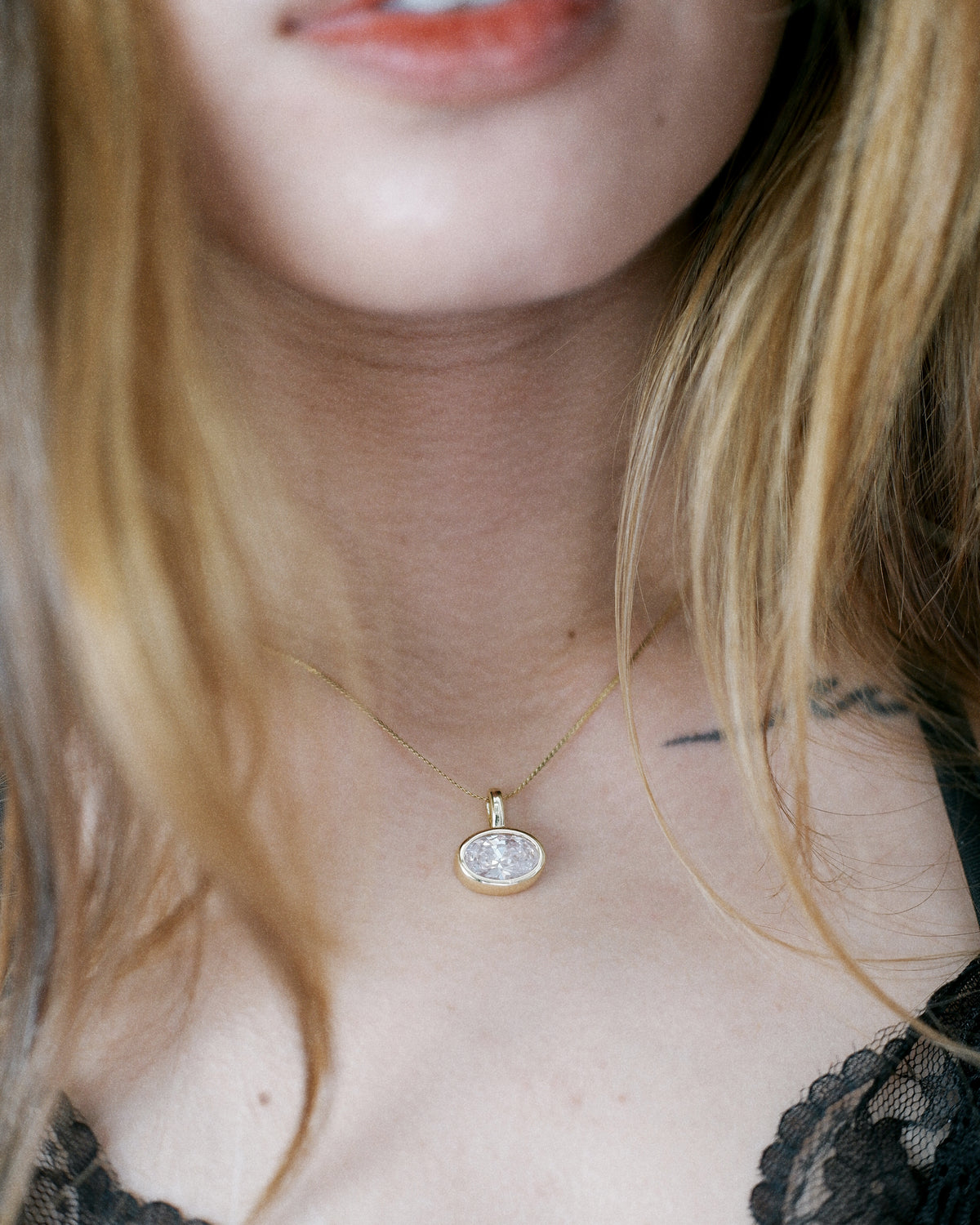 Bold Bezel East West Oval Solitaire Necklace