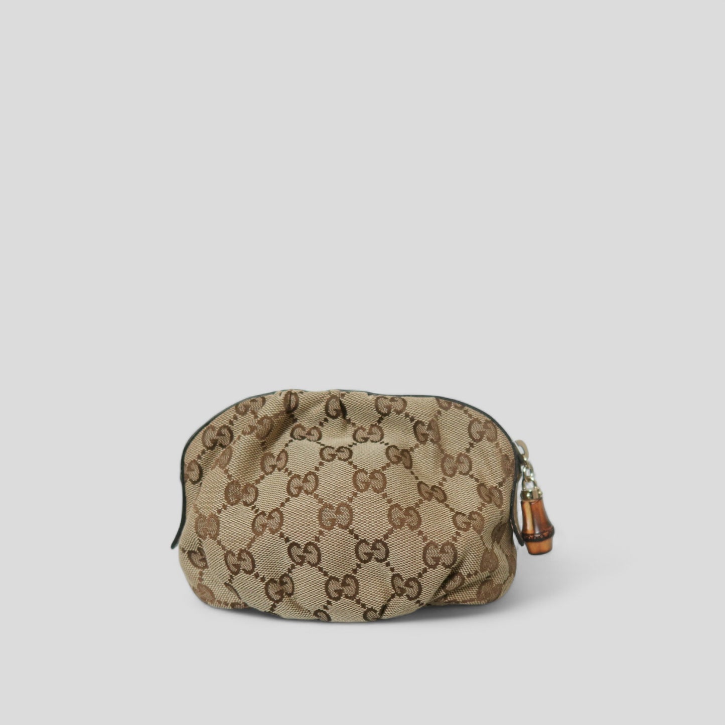 Gucci GG Canvas and Matte Taupe Gold Leather Cosmetic Makeup Pouch