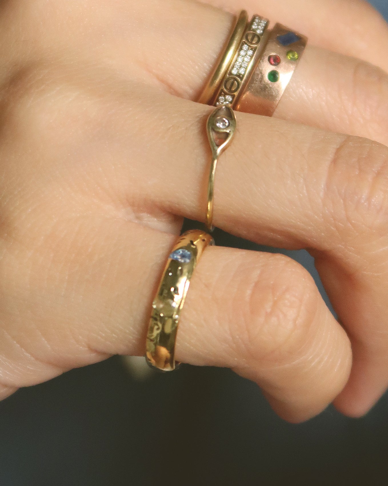 The Burnished Multi Birthstone Textured Curved Band