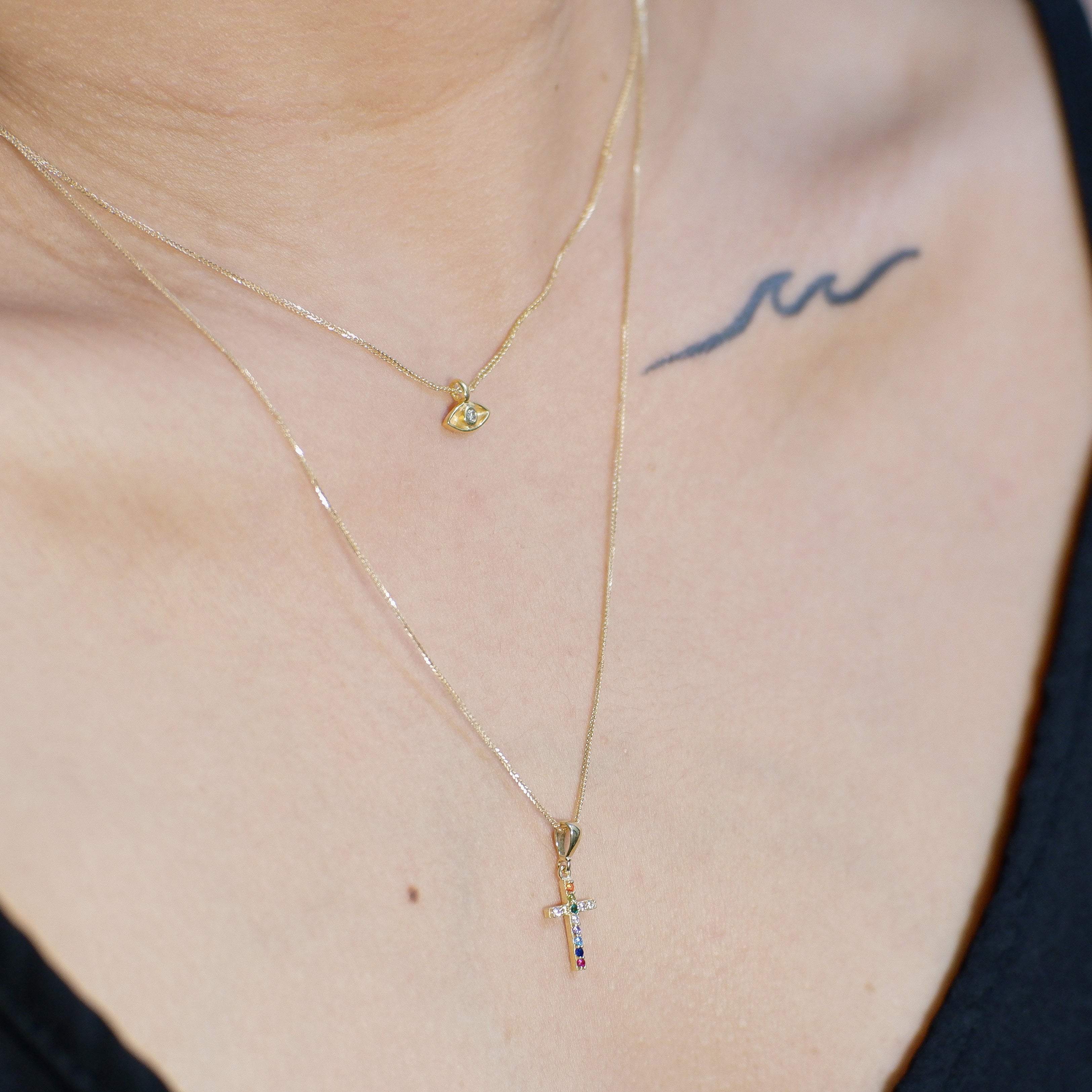 The Color Play Pavé Cross Necklace in Solid Gold